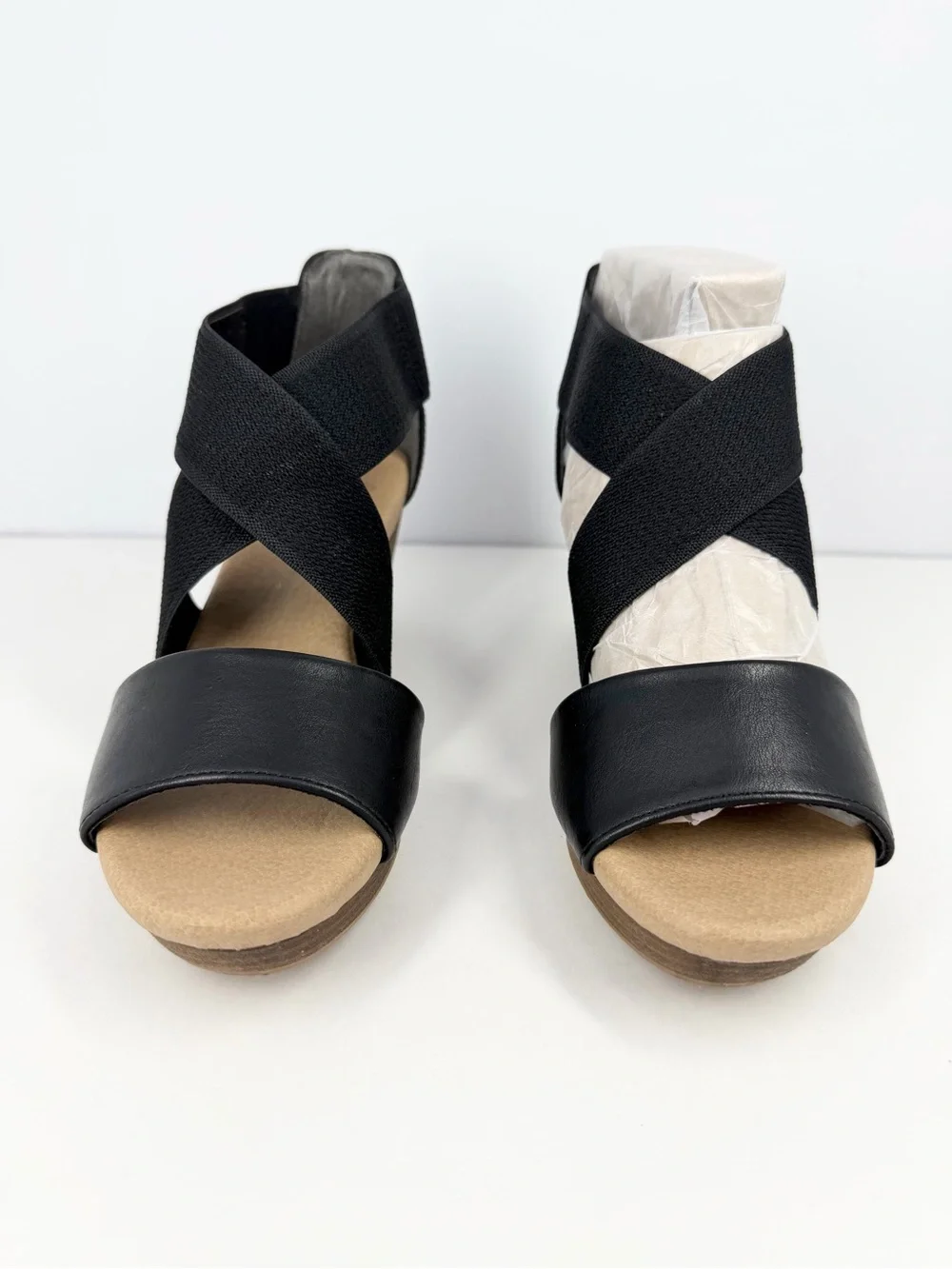 Dr. Scholls Barton-Band Wedge Sandals Black Faux Leather/Fabric Size 6M
